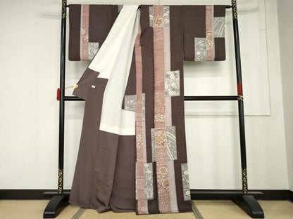 平和屋着物●訪問着　駒刺繍　色紙花文　正絹　逸品　AABN0589cs