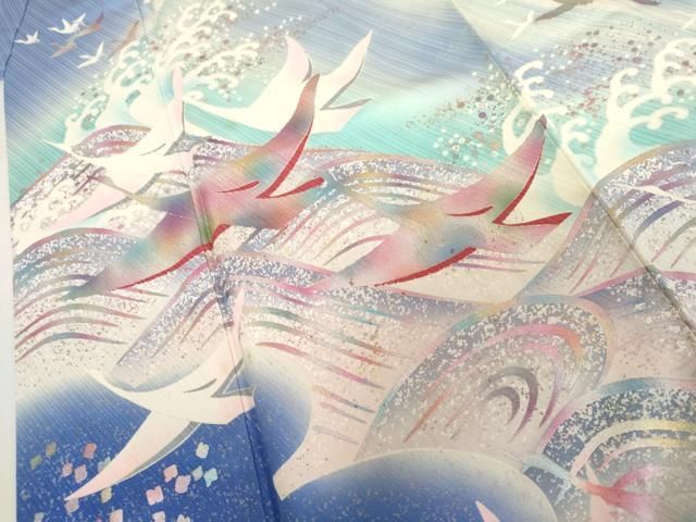 平和屋着物●豪華振袖　立波飛鶴文　暈し染め　銀彩　正絹　逸品　AABN0619cs