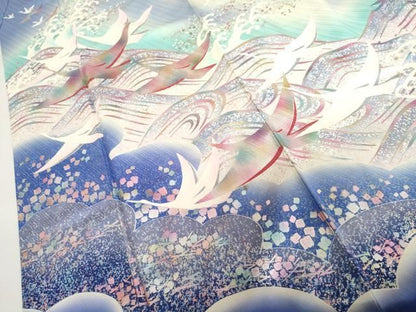 平和屋着物●豪華振袖　立波飛鶴文　暈し染め　銀彩　正絹　逸品　AABN0619cs