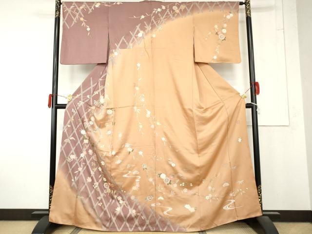 平和屋着物●訪問着　作家物　刺繍　枝垂れ花文　暈し染め　金彩　正絹　逸品　AABN0620cs