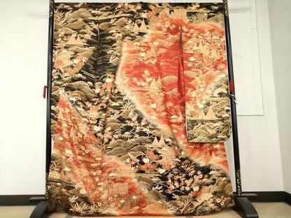 平和屋着物●豪華振袖　駒刺繍　御所車立波松竹梅文　暈し染め　金彩　正絹　逸品　AABN0626cs