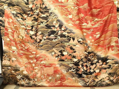 平和屋着物●豪華振袖　駒刺繍　御所車立波松竹梅文　暈し染め　金彩　正絹　逸品　AABN0626cs