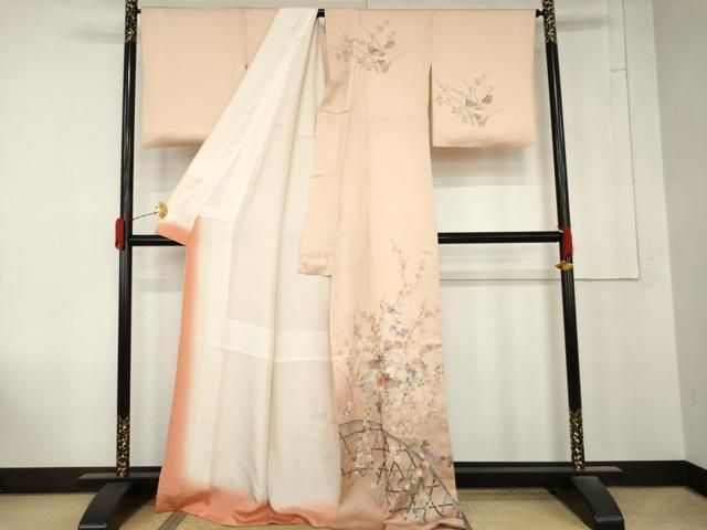 平和屋着物●中国三大刺繍　相良刺繍　訪問着　籬枝花文　暈し染め　銀彩　正絹　逸品　AABN0627cs