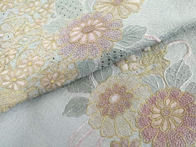 平和屋着物●中国三大刺繍　スワトウ刺繍　汕頭刺繍　総刺繍　訪問着　草花文　金糸　正絹　逸品　AABN0628cs