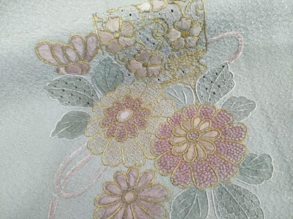 平和屋着物●中国三大刺繍　スワトウ刺繍　汕頭刺繍　総刺繍　訪問着　草花文　金糸　正絹　逸品　AABN0628cs