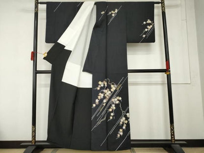 平和屋着物●訪問着　紬地　駒刺繍　楓文　黒地　金糸　金彩　正絹　逸品　AABN0630cs