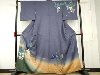 平和屋着物●二代目清次郎　手描き　訪問着　花鳥文　暈し染め　金彩　正絹　逸品　AABN0632cs