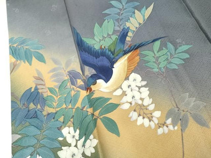 平和屋着物●二代目清次郎　手描き　訪問着　花鳥文　暈し染め　金彩　正絹　逸品　AABN0632cs