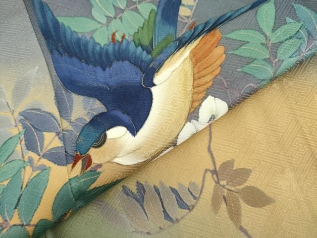 平和屋着物●二代目清次郎　手描き　訪問着　花鳥文　暈し染め　金彩　正絹　逸品　AABN0632cs