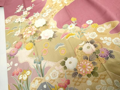 平和屋着物●豪華振袖　駒刺繍　道長花文　金彩　正絹　逸品　AABN0634cs
