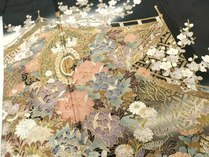 平和屋着物●豪華黒留袖　泰常　吉祥草花文　暈し染め　金銀彩　正絹　逸品　AABN0645cs