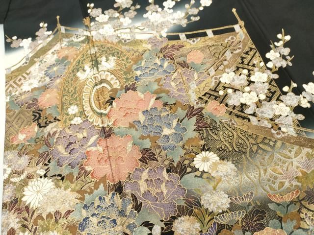 平和屋着物●豪華黒留袖　泰常　吉祥草花文　暈し染め　金銀彩　正絹　逸品　AABN0645cs