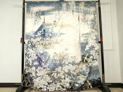 平和屋着物●豪華振袖　孔雀草花文　金彩　正絹　逸品　AABN0646cs