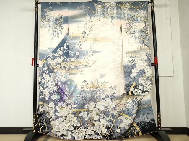 平和屋着物●豪華振袖　孔雀草花文　金彩　正絹　逸品　AABN0646cs