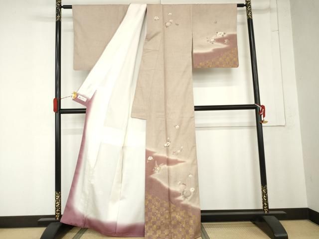 平和屋着物●訪問着　作家物　紬地　草花文　金彩　やまと誂製　正絹　逸品　AABN0651cs