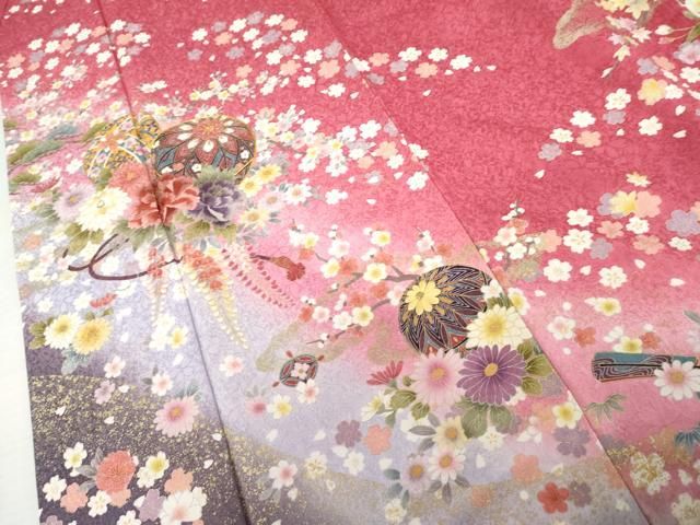 平和屋着物●豪華振袖　駒刺繍　花毬文　暈し染め　金糸　正絹　逸品　AABN0663cs