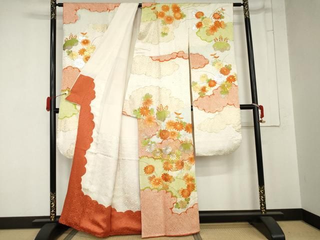 平和屋着物●豪華振袖　総刺繍　駒刺繍　絞り　雲重ね花文　金銀彩　金銀糸　正絹　逸品　AABN0696cs