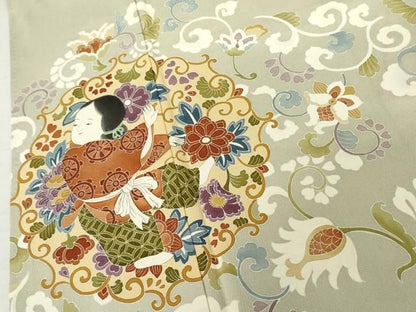 平和屋着物●豪華色留袖　友禅　作家物　童子更紗花唐草文　正絹　逸品　AABN0697cs