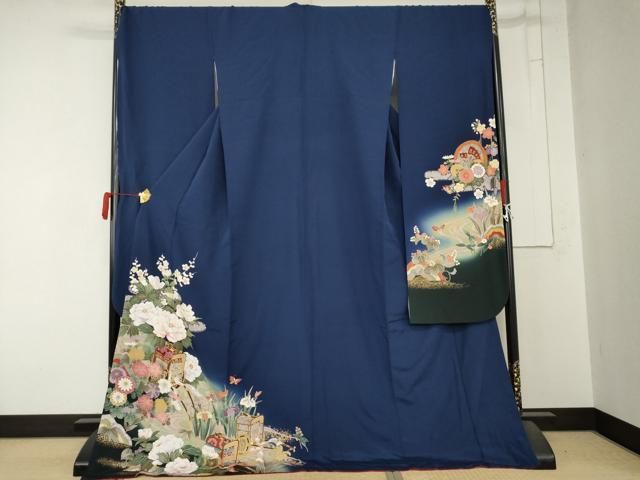 平和屋着物●豪華振袖　駒刺繍　御所車花蝶文　金彩　京都きもの友禅扱い　ロング丈　正絹　逸品　AABN0700cs
