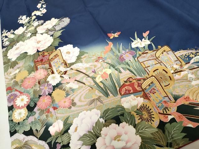 平和屋着物●豪華振袖　駒刺繍　御所車花蝶文　金彩　京都きもの友禅扱い　ロング丈　正絹　逸品　AABN0700cs