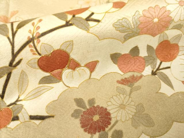 平和屋着物●訪問着　駒刺繍　雲取り枝花文　正絹　逸品　AABN0701cs