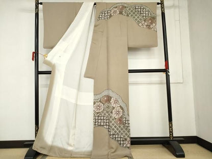 平和屋着物●訪問着　総絞り　道長花文　ロング丈　正絹　逸品　AABN0713cs