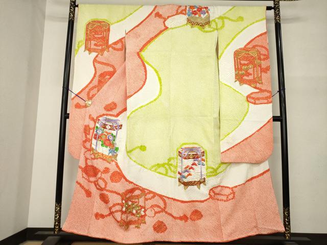 平和屋着物●豪華振袖　総絞り　刺繍　貝桶花文　正絹　逸品　AABN0722ck