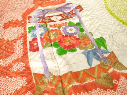 平和屋着物●豪華振袖　総絞り　刺繍　貝桶花文　正絹　逸品　AABN0722ck