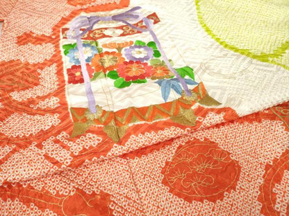 平和屋着物●豪華振袖　総絞り　刺繍　貝桶花文　正絹　逸品　AABN0722ck