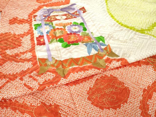 平和屋着物●豪華振袖　総絞り　刺繍　貝桶花文　正絹　逸品　AABN0722ck