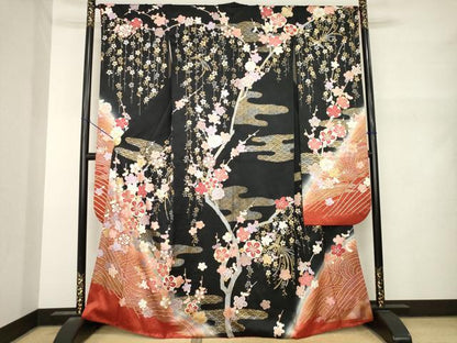 平和屋着物●豪華振袖　鳳凰花文　暈し染め　黒地　金銀彩　正絹　逸品　AABN0726ck