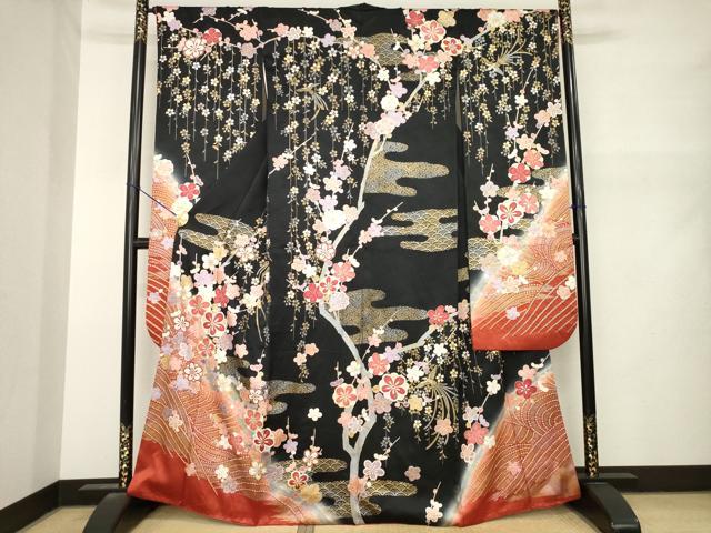 平和屋着物●豪華振袖　鳳凰花文　暈し染め　黒地　金銀彩　正絹　逸品　AABN0726ck