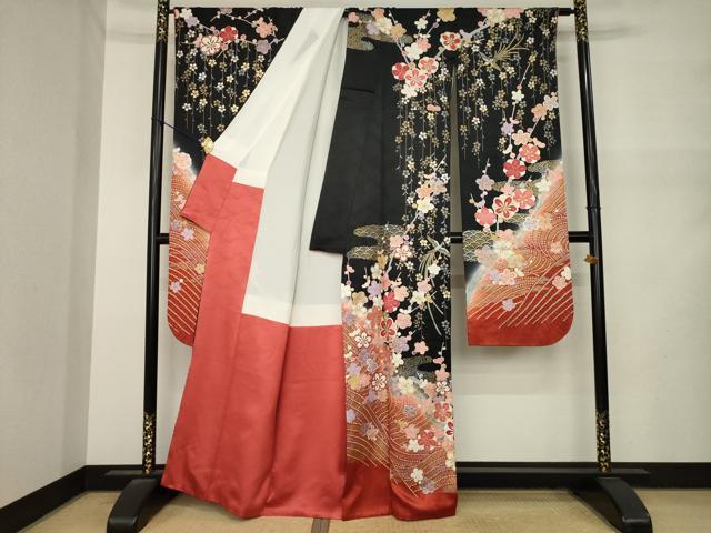 平和屋着物●豪華振袖　鳳凰花文　暈し染め　黒地　金銀彩　正絹　逸品　AABN0726ck