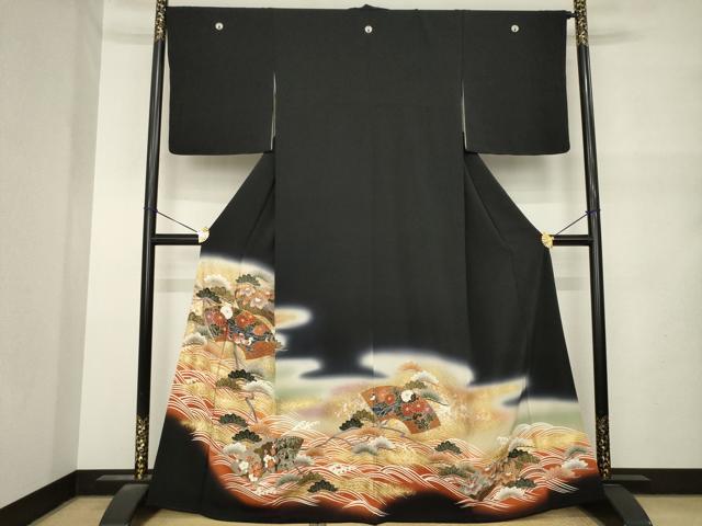平和屋着物●豪華黒留袖　駒刺繍　地紙吉祥花鳥文　暈し染め　金彩　正絹　逸品　AABN0727ck