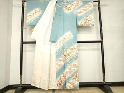 平和屋着物●十日町老舗ブランド　吉澤友禅　吾妻徳穂　訪問着　刺繍　草花文　松坂屋扱い　正絹　逸品　AABN0738ck