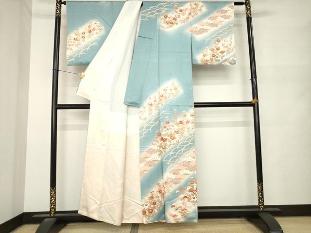 平和屋着物●十日町老舗ブランド　吉澤友禅　吾妻徳穂　訪問着　刺繍　草花文　松坂屋扱い　正絹　逸品　AABN0738ck
