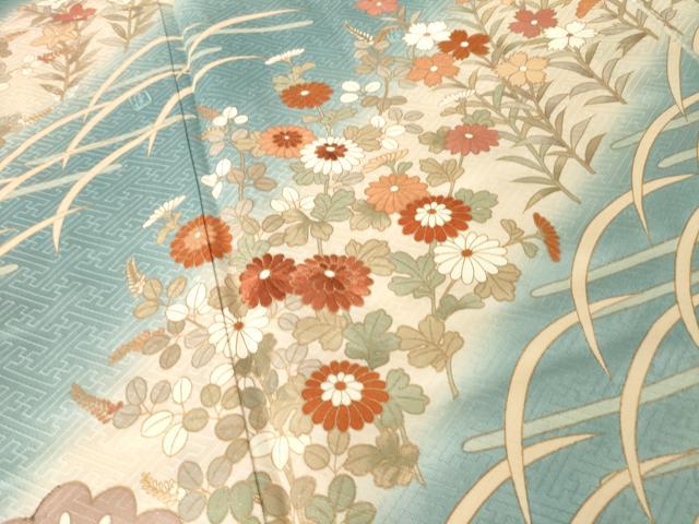 平和屋着物●十日町老舗ブランド　吉澤友禅　吾妻徳穂　訪問着　刺繍　草花文　松坂屋扱い　正絹　逸品　AABN0738ck