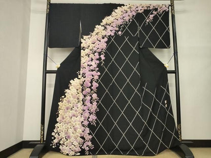 平和屋着物●訪問着　作家物　枝垂れ桜文　黒地　正絹　逸品　AABN0766ck