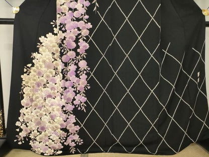 平和屋着物●訪問着　作家物　枝垂れ桜文　黒地　正絹　逸品　AABN0766ck