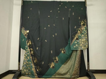 平和屋着物●豪華振袖　花蝶文　黒地　金彩　ロング丈　正絹　逸品　AABN0769ck