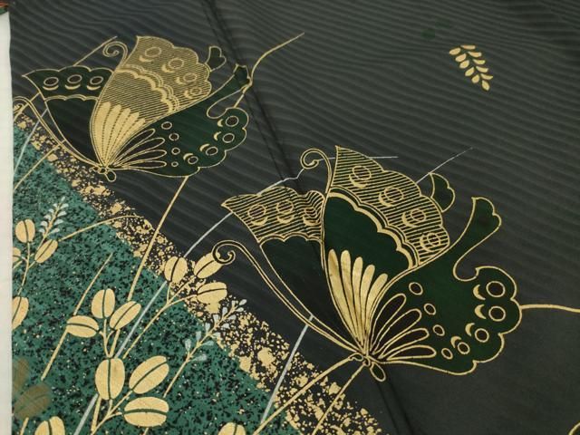 平和屋着物●豪華振袖　花蝶文　黒地　金彩　ロング丈　正絹　逸品　AABN0769ck