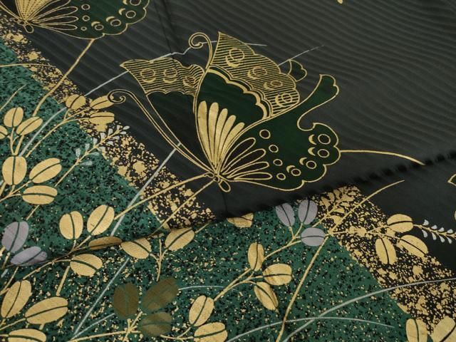 平和屋着物●豪華振袖　花蝶文　黒地　金彩　ロング丈　正絹　逸品　AABN0769ck