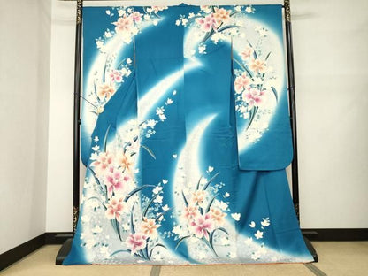 平和屋着物●豪華振袖　駒刺繍　草花文　暈し染め　ロング丈　正絹　逸品　AABN0786ck