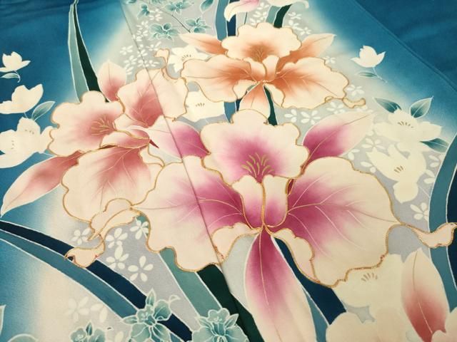 平和屋着物●豪華振袖　駒刺繍　草花文　暈し染め　ロング丈　正絹　逸品　AABN0786ck
