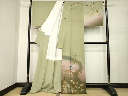 平和屋着物●訪問着　作家物　更紗花鳥文　暈し染め　金銀彩　正絹　逸品　AABN0789ck
