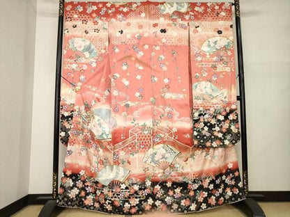 平和屋着物●豪華振袖　駒刺繍　扇面御所車花文　暈し染め　金銀彩　正絹　逸品　AABN0791ck