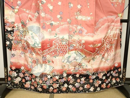平和屋着物●豪華振袖　駒刺繍　扇面御所車花文　暈し染め　金銀彩　正絹　逸品　AABN0791ck