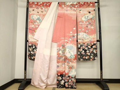 平和屋着物●豪華振袖　駒刺繍　扇面御所車花文　暈し染め　金銀彩　正絹　逸品　AABN0791ck