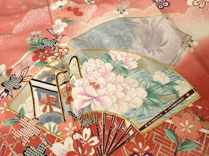 平和屋着物●豪華振袖　駒刺繍　扇面御所車花文　暈し染め　金銀彩　正絹　逸品　AABN0791ck