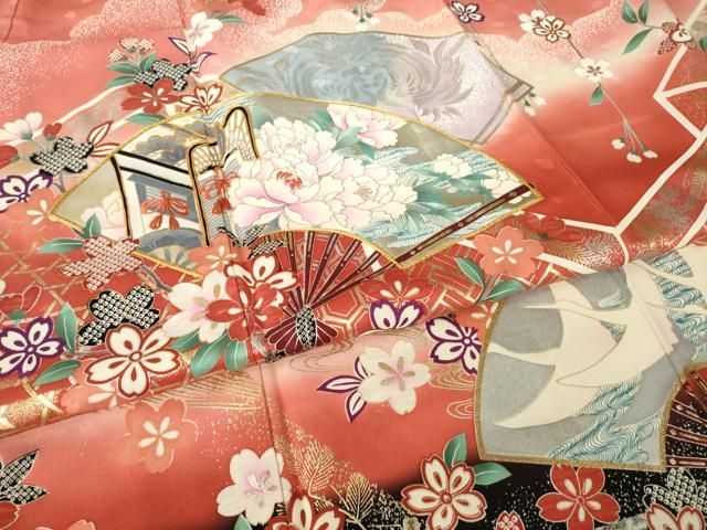平和屋着物●豪華振袖　駒刺繍　扇面御所車花文　暈し染め　金銀彩　正絹　逸品　AABN0791ck